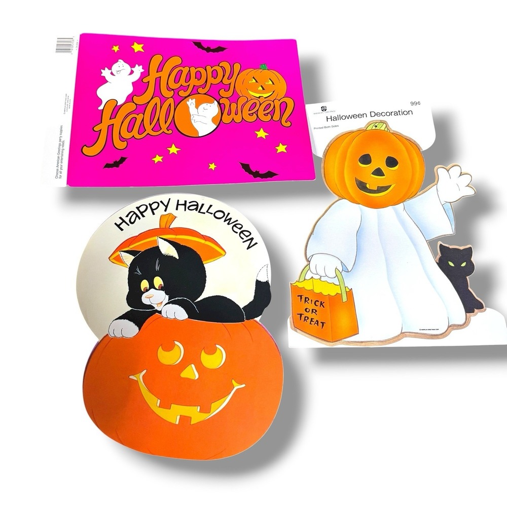 Vintage Halloween Die Cut Decorations 3 American Greetings Pumpkin Black Cat Lot